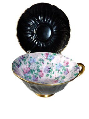 Shelley Oleander Cup & Saucer SUMMER GLORY Chintz Hydrangea Black
